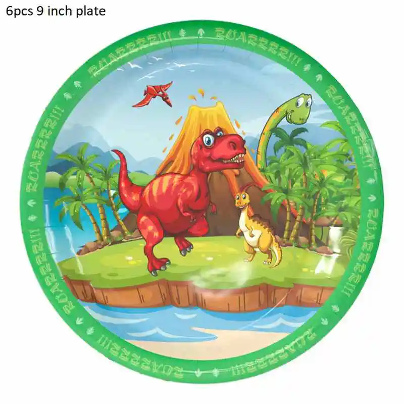6pcs 9 inch Plate Dinosaur Party Tableware Paper Plate Cup Napkins Tablecloth Banner Happy Birthday Event Party Supplies for Boys - Цвет: 6pcs 9 inch Plate