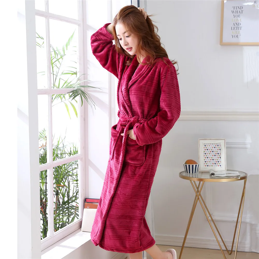 Зимняя одежда для сна с карманами халат толстое кимоно Женская фланелевая