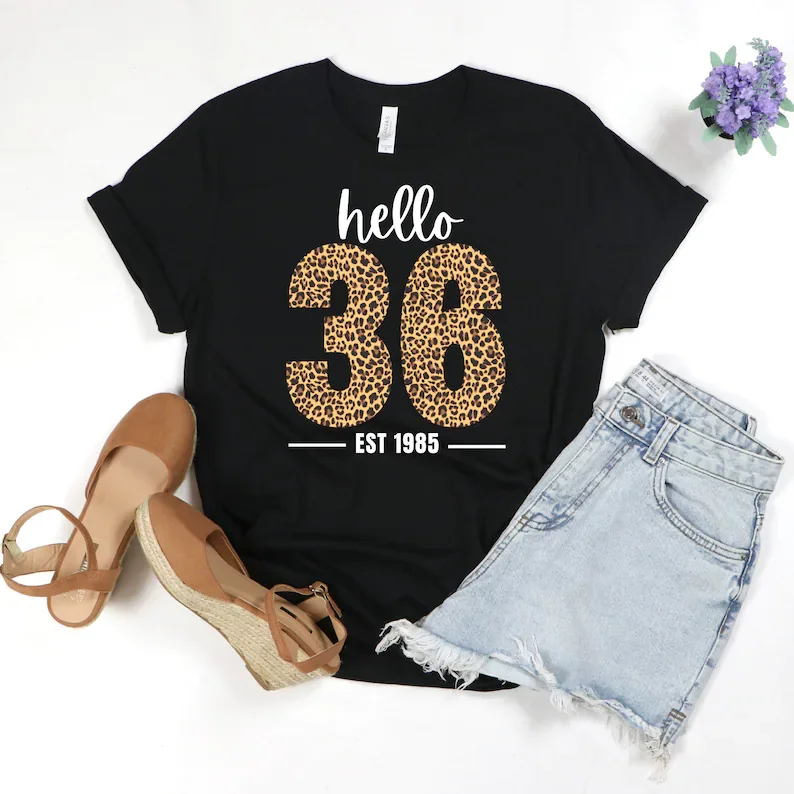 

36th Birthday Shirt, Hello 36 Leopard Print Tee, Thirty Six Bday T-Shirt Gift For Her Year Old Turning Gifts 100% cotton kawaii