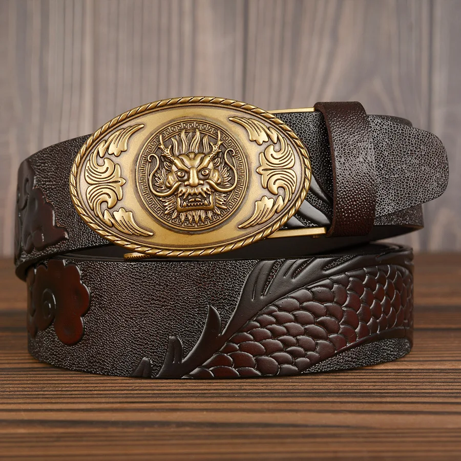 Western denim men's belt automatic buckle dragon, leather personality dragon, carved men's belt