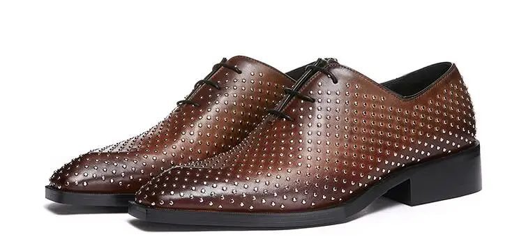 

Hot Retro Men's shoes rivet Black Genuine leather Square toe Dress shoes men's Handmade Lace up formal wedding shoes