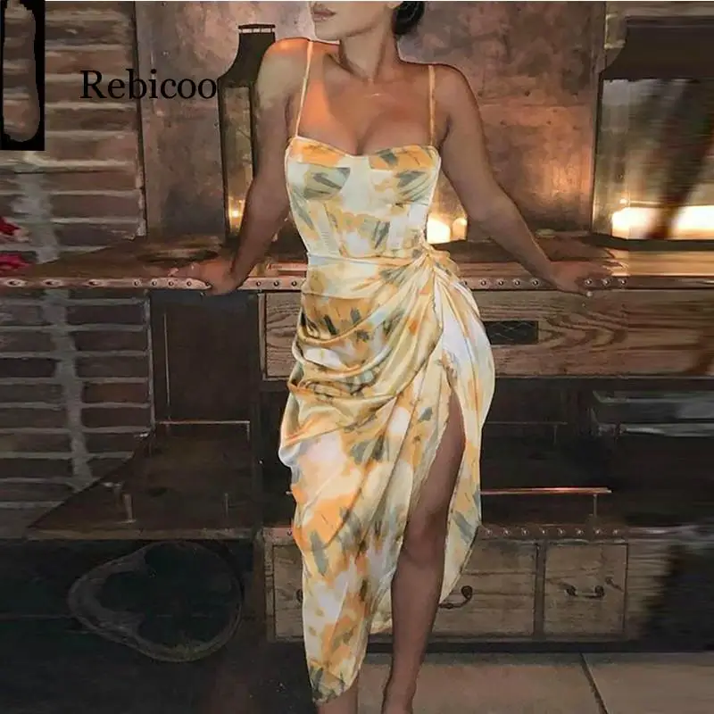 

Платье с абстрактным принтом спагетти ремень Высокий разрез Rebicoo платье Для женщин стрейч без рукавов сексуальное красное платье, ночной кл...