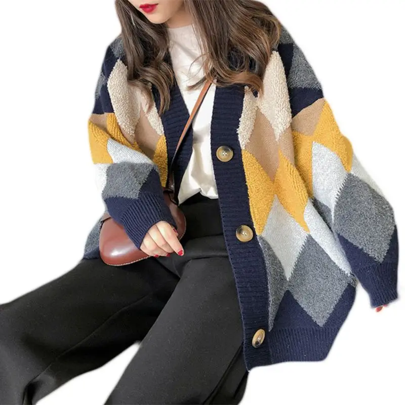Женский кардиган с пышными рукавами и V образным вырезом ромбовидный клетчатый