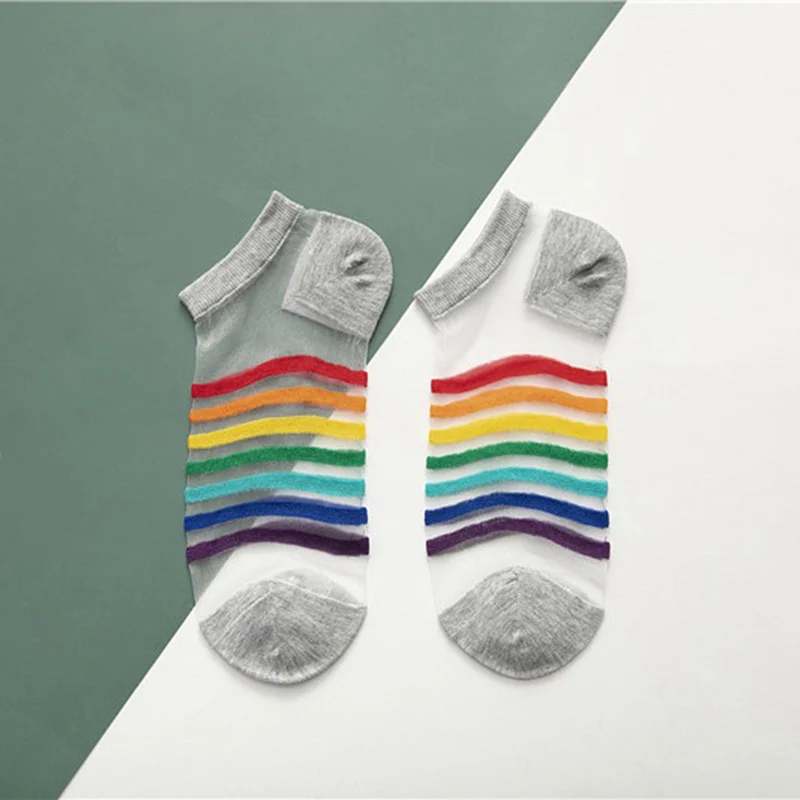 

5Pairs/set Rainbow Striped Ultra-thin Breathabel Summer Socks for Women Fashion Glass Silk Female Short Socks Sokken