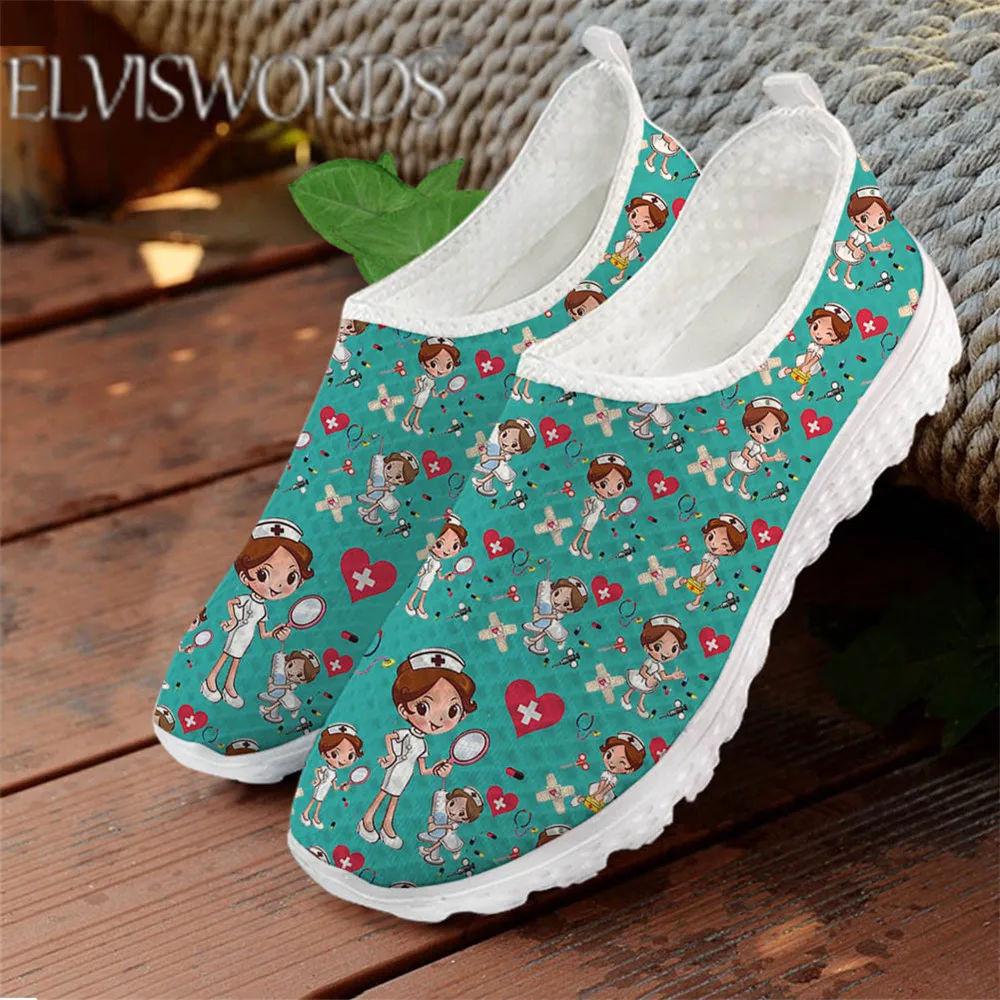 

ELVISWORDS Nurse Women Flats Shoes Medical Nursing Print Casual Ladies Loafers Slip On Breathable Designer Shoes Zapatillas De M