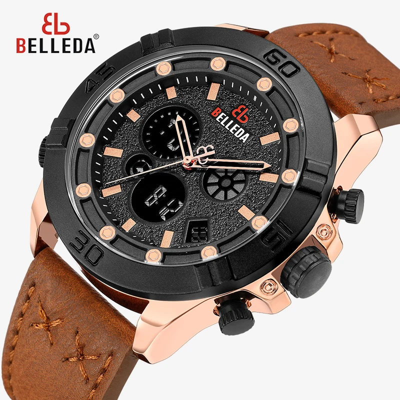 

Fashion Luxury BELLEDA Brand Mens Sports Analog Black Leather Band Quartz WristWatches Rose Gold Watch Men Watches Casual
