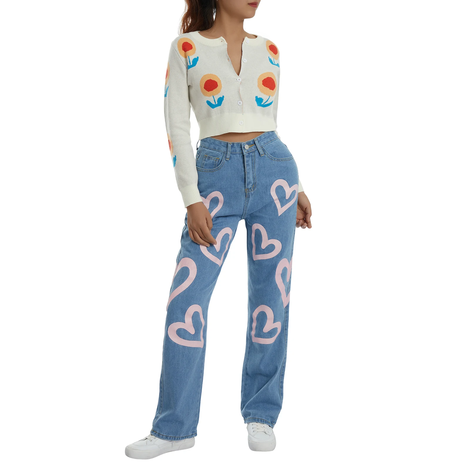 

Женский кардиган на пуговицах, длинный рукав, круглый вырез, цветочный принт, свободные вязаные кроп-топы