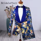 Роскошные мужские свадебные костюмы Bridalaffair, королевский синий костюм для жениха из 2 предметов, платье, смокинг, облегающий блейзер с цветочным принтом и брюки