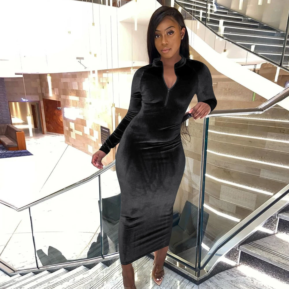 

Black Blue Bright Velvet Party Long Dress Women Sexy Turtleneck Long Sleeve Skinny Dresses Autumn Winter Body-shaping Robe Femme
