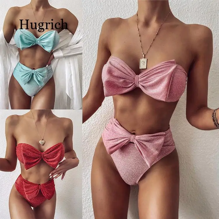 

Бикини с высокой талией 2021, купальники, купальник-бандо, женское бикини с блестящим бантом, однотонные купальники без бретелек, женский купа...