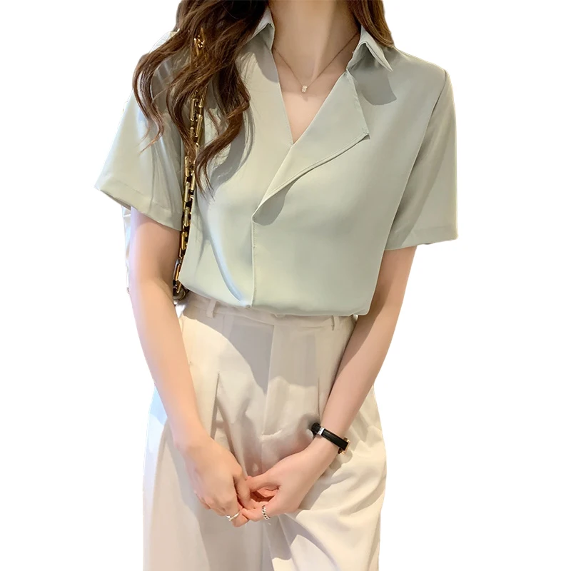 

Summer Korean Silk Women Tops Woman Solid Satin Office Lady Blouse Shirt Woman Short Sleeve Top Blusas Mujer De Moda Ladies Tops