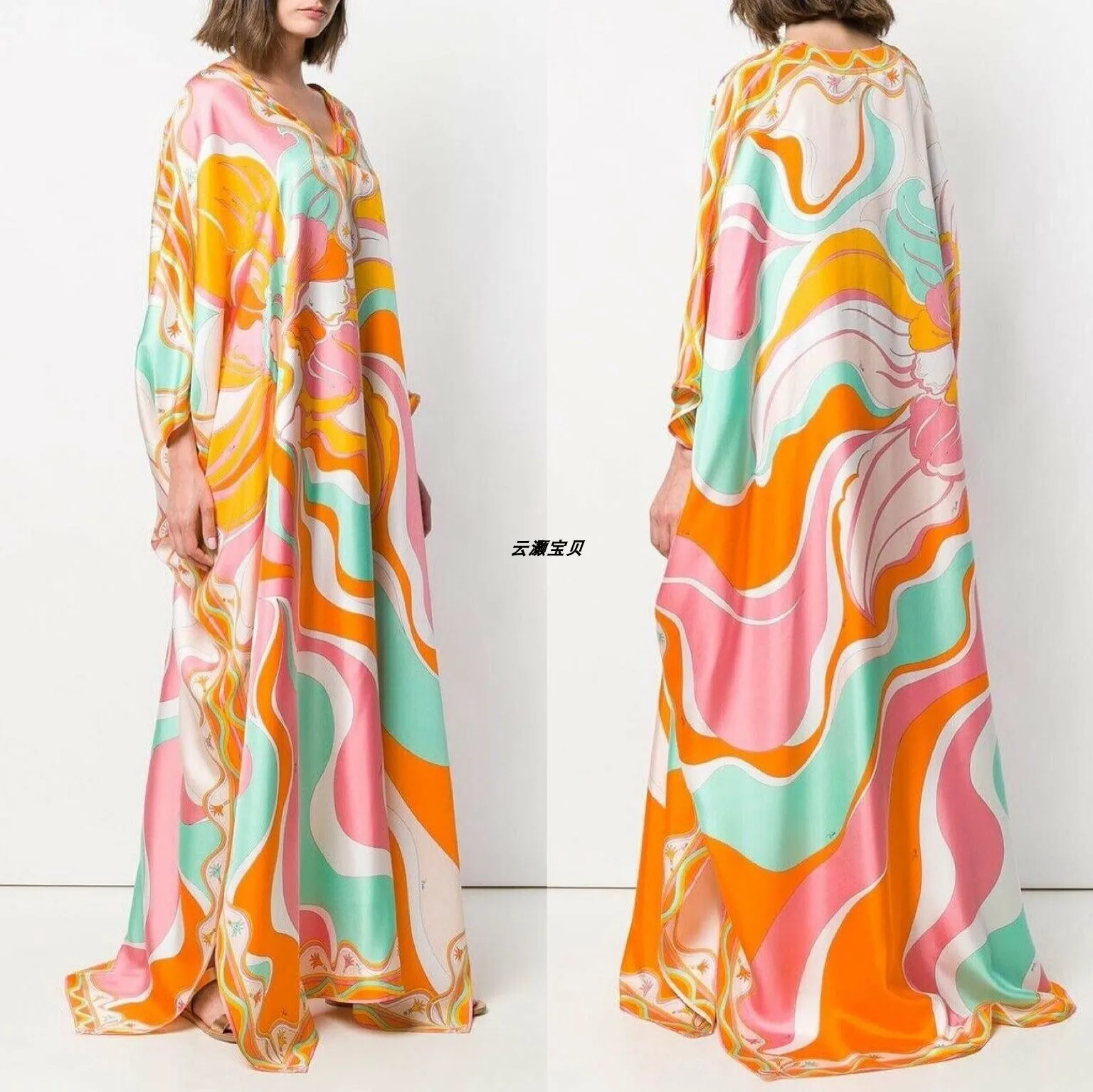 

New Fashion V-neck Loose Print Beach Resort Stretch Knit Plus Size Dress for Women Bohemian