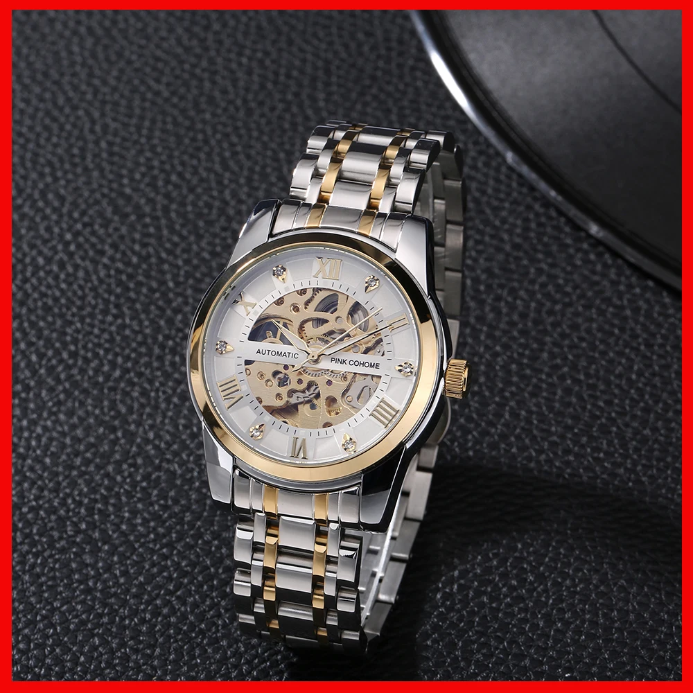 

Pink Cohome skeleton mechanical watches men 316l steel watchband wristwatch automatic butterly buckle hours waterproof clocks
