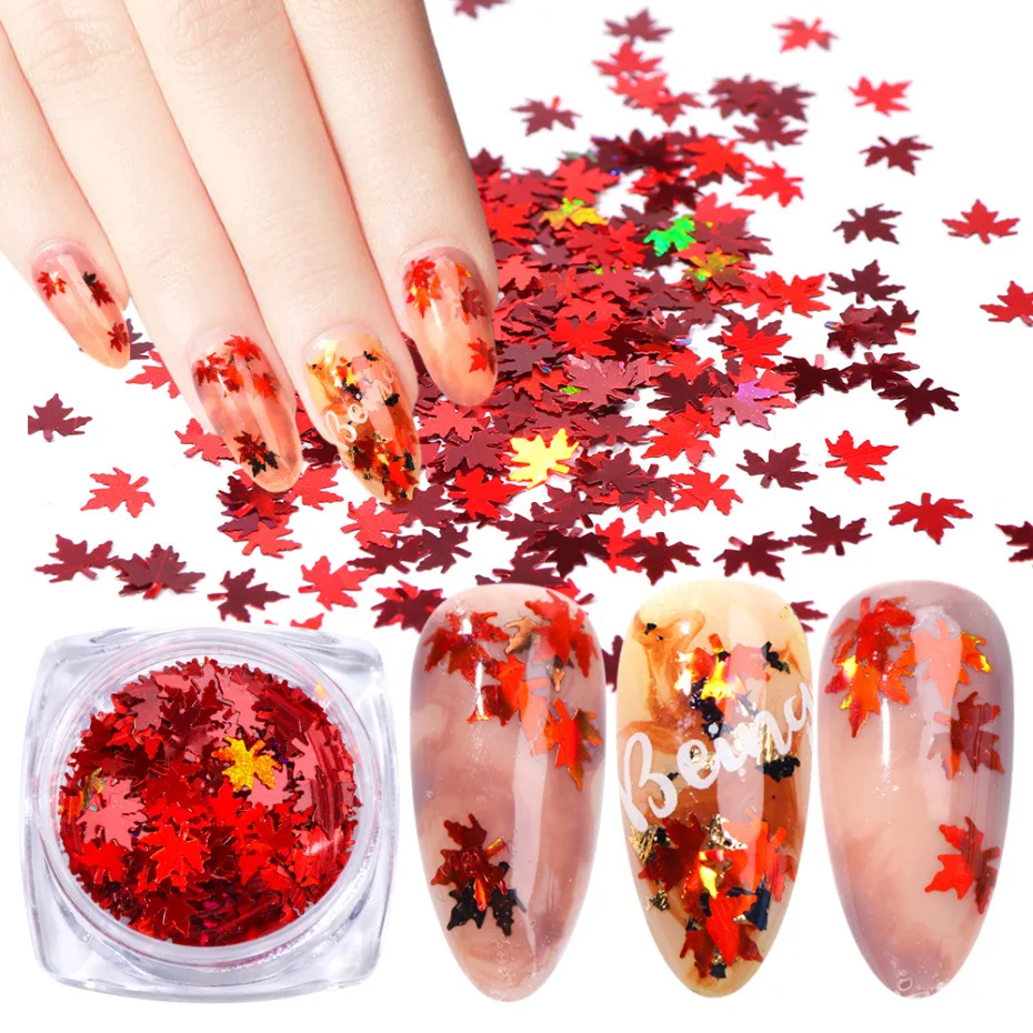 

1Box Ultra thin maple leaf nail sequins Leaf Multicolor Glitter flake Gradient Sparkly Sequins For Autumn Polish DecorManicure