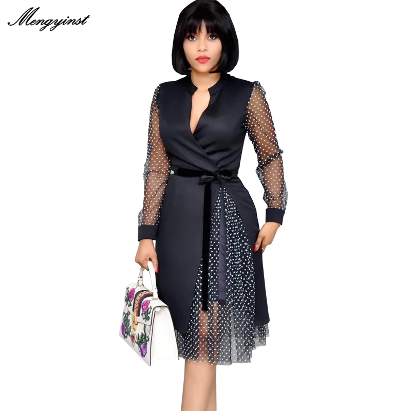 

Летнее Сетчатое платье в горошек с длинным рукавом для женщин 2022 Сексуальные облегающие офисные женские элегантные платья с V-образным выре...