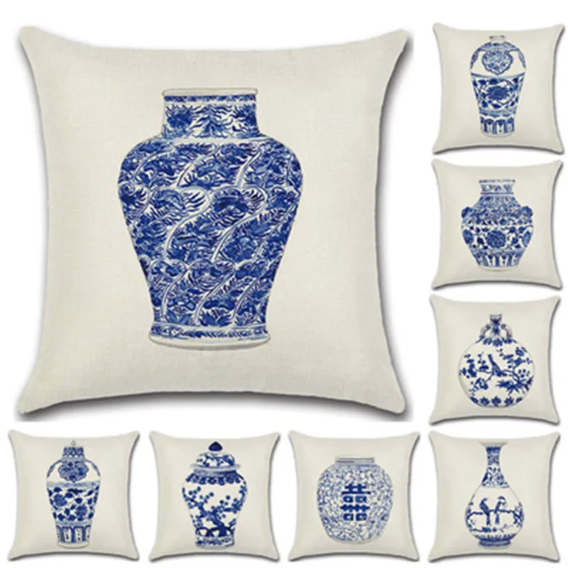 

Linen Cushion Covers Blue and white Porcelain Printed PillowCases Sofa Car seat Home Decorate Chinese Style Back waist pillow