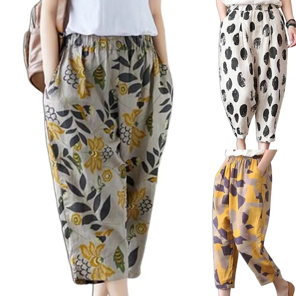 Женские штаны-шаровары с высокой талией и эластичным поясом принтом большого