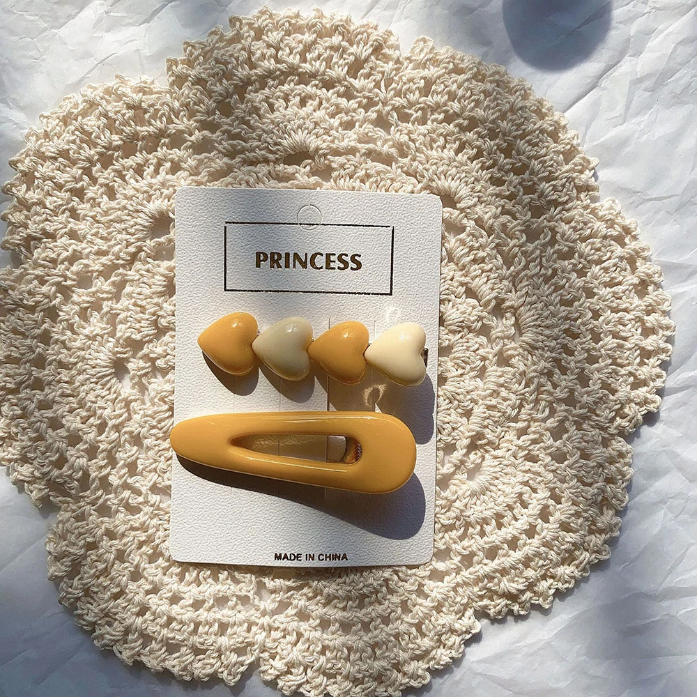 

New 2PCS Fashion Plastic Geometric Hair Clips Sweet Heart Square Hairpins Barrettes Set Color Block Trendy Hair Accessories