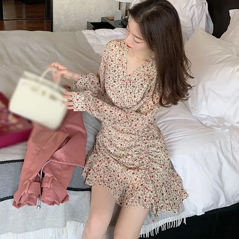 

Women Retro Floral Pleated Mini Dress Summer Long Sleeve Beach Style Holiday Slim V-Neck Chiffon