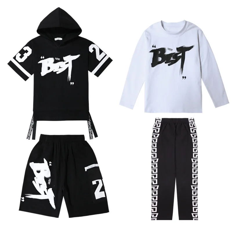 

Детский костюм для уличного танца, комплект из 4 предметов, толстовка с капюшоном в стиле хип-хоп для мальчиков и девочек, шорты в стиле хип-х...