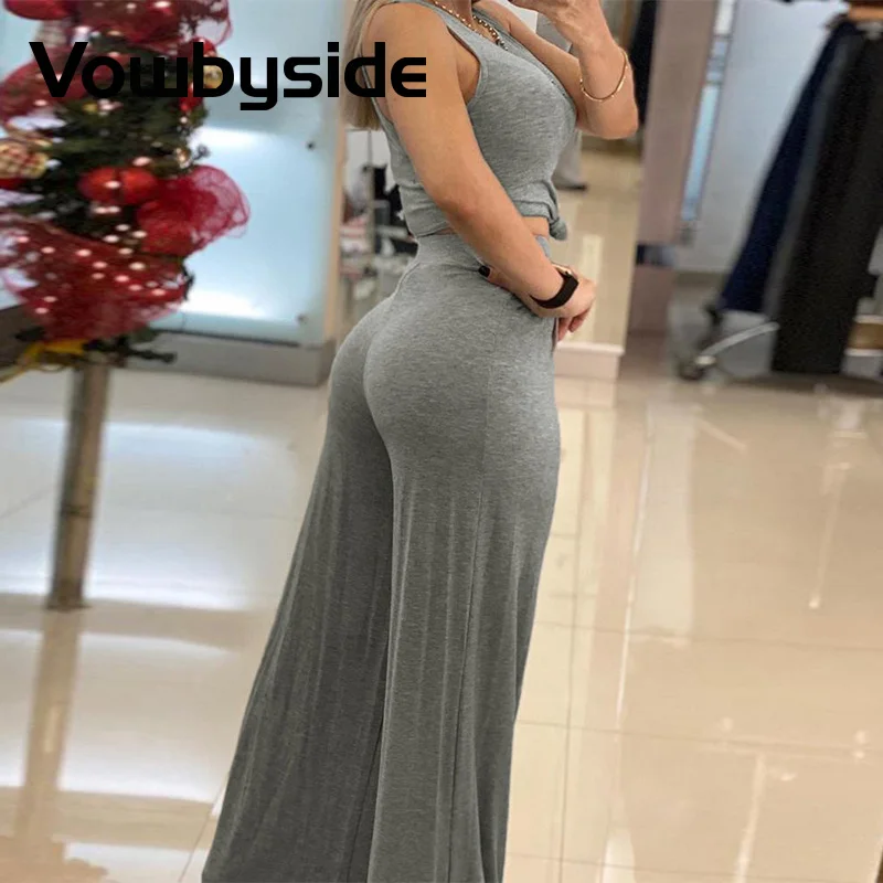 

Plain Sleeveless Crop Top & High Waist Wide Leg Pants Set
