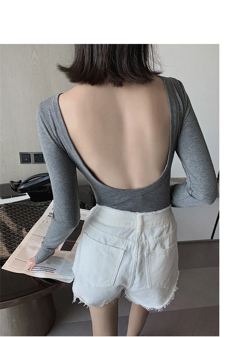 

Tight Open Back Crop Top Spring Autumn New Slim Long Sleeve T-shirt With Sexy T Back Bottoming Shirt Women Tshirt Vogue Tees