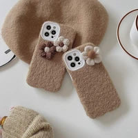 warm winter lady 3d fluffy floral flower plush soft phone case cover for apple iphone 7 8 plus 11 pro 12 13 pro max xr xs max