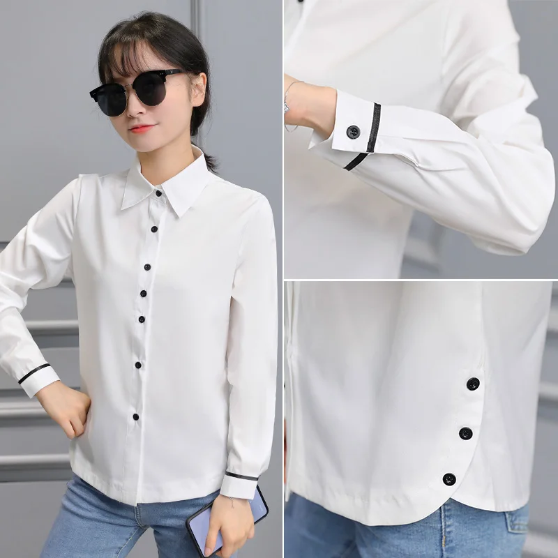 2019 outono feminino camisa branca blusa feminina manga longa casual turn-down colarinho xadrez senhora topos roupas blus | Женская