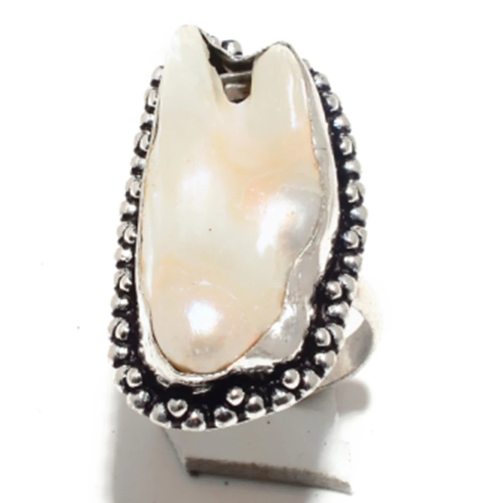 

Genuine Biwa Pearl Ring Silver Overlay over Copper , Hand Made Women Jewelry gift , R6584 , Size: 8