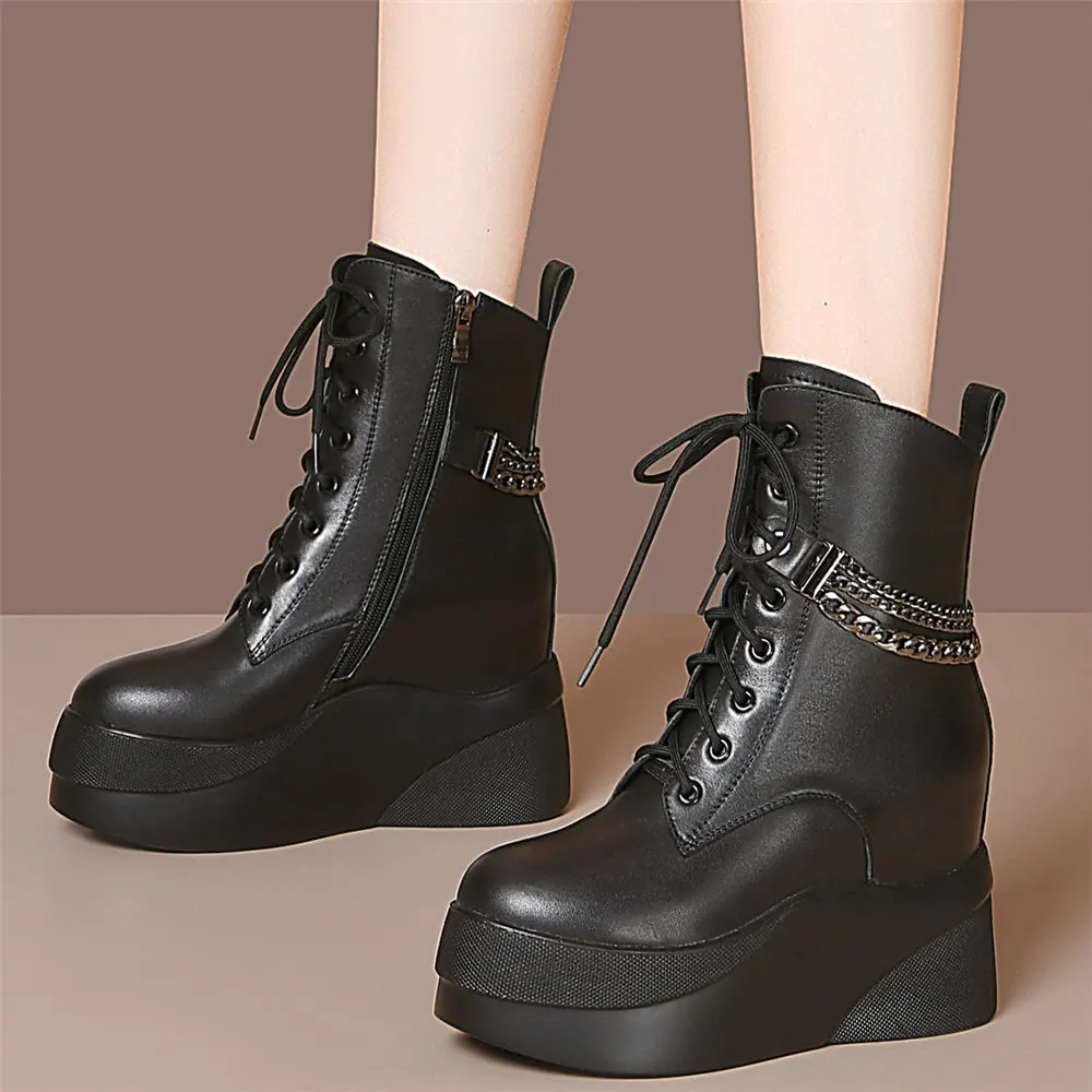 Fashion Sneakers Women Lace Up Genuine Leather High Heel Motorcycle Boots Female Winter Chunky Platform Pumps Shoes Casual Shoes