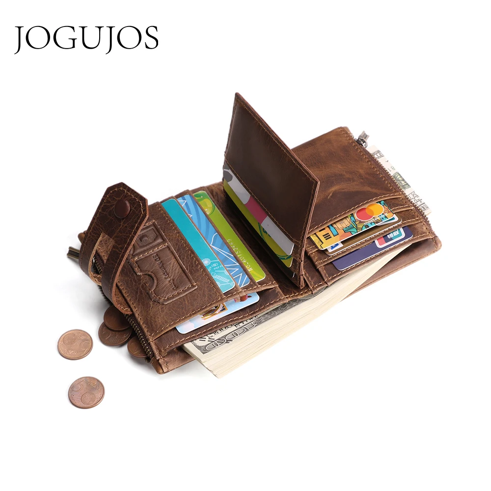 JOGUJOS, новинка, мужской женский кошелек из натуральной кожи, на застежке, двойная молния, роскошный короткий кошелек для монет, кредитный держатель для карт, унисекс, Rfid, кошельки