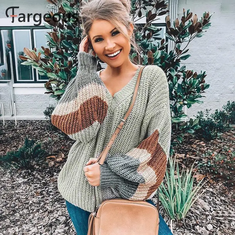 Женский лоскутный свитер размера плюс с v-образным вырезом Свободный пуловер в