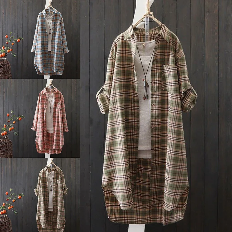 

New Women Casual Basic Spring Autumn Plaid Blouse Top Shirt Long sleeve Plus Size S~3XL