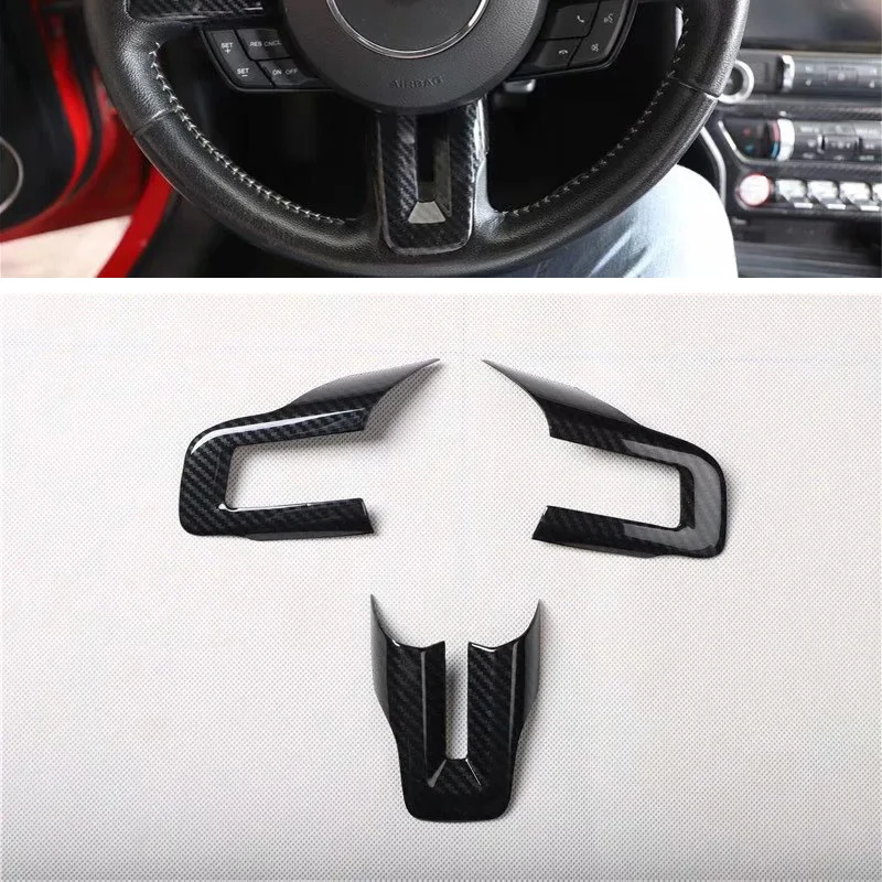 Cubierta de volante Interior de coche, molduras embellecedoras de fibra de carbono ABS para Ford Mustang 2015-2020, 3 uds.