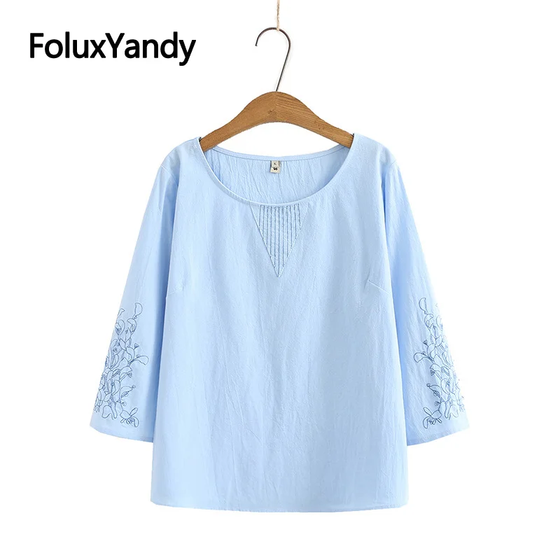 

Floral Embroidery Tops Women's T-Shirt Plus Size Three Quarter Sleeve O-neck Tops XXXL 4XL KKFY5275