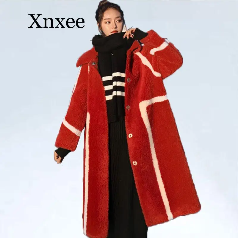 Winter Fur Coat Long Woolen Jacket turn Down Collar Sheepskin Female red x-long Russian winter Christmas festival wear