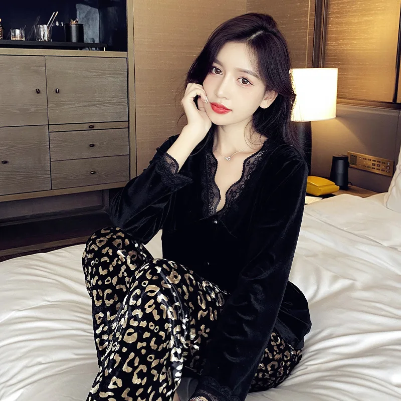 QWEEK Golden Velvet Pajamas for Women Leopard Pants Pijamas Winter Sleepwear Lace Nightwear Sexy Homewear Black Loungwear Suit