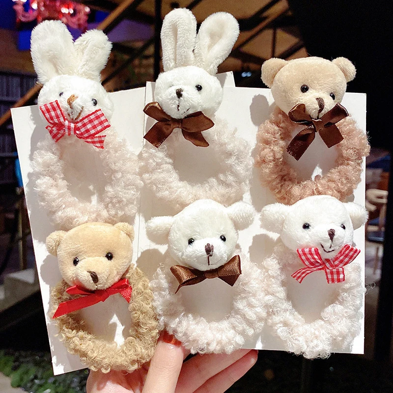 

All-match Little Cute White Brown Bear Rabbit Ball Elastic Hair Head Plush Headband Headdress Rubber Hairband For Girl Women