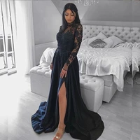 black high neck evening dresses side slit long sleeves lace appliques sweep train floor length a line satin prom party gowns