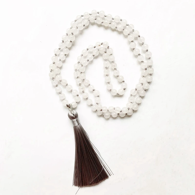 

Natural White Jade Stone Knotted Necklace Men Women 108 Mala Beads Energy Healing Necklace Bracelet Tassel Dropshipping 1pc