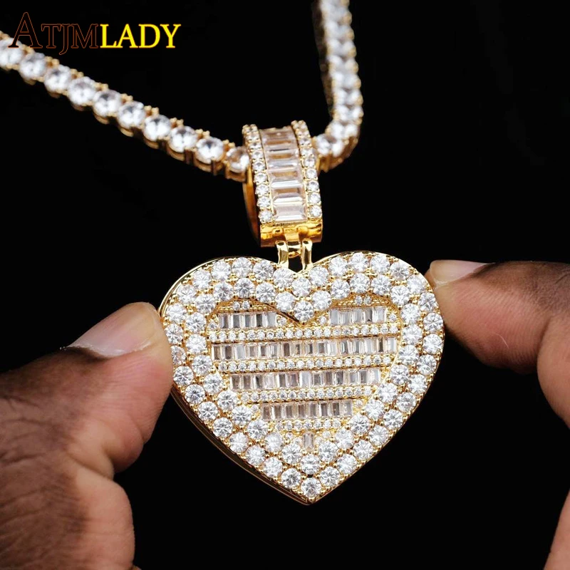 Iced Out Locket Love Heart Charm Pendant Can Be Opened DIY Photo Hip Hop 5A Cubic Zirconia CZ Tennis Chain Necklace Mens