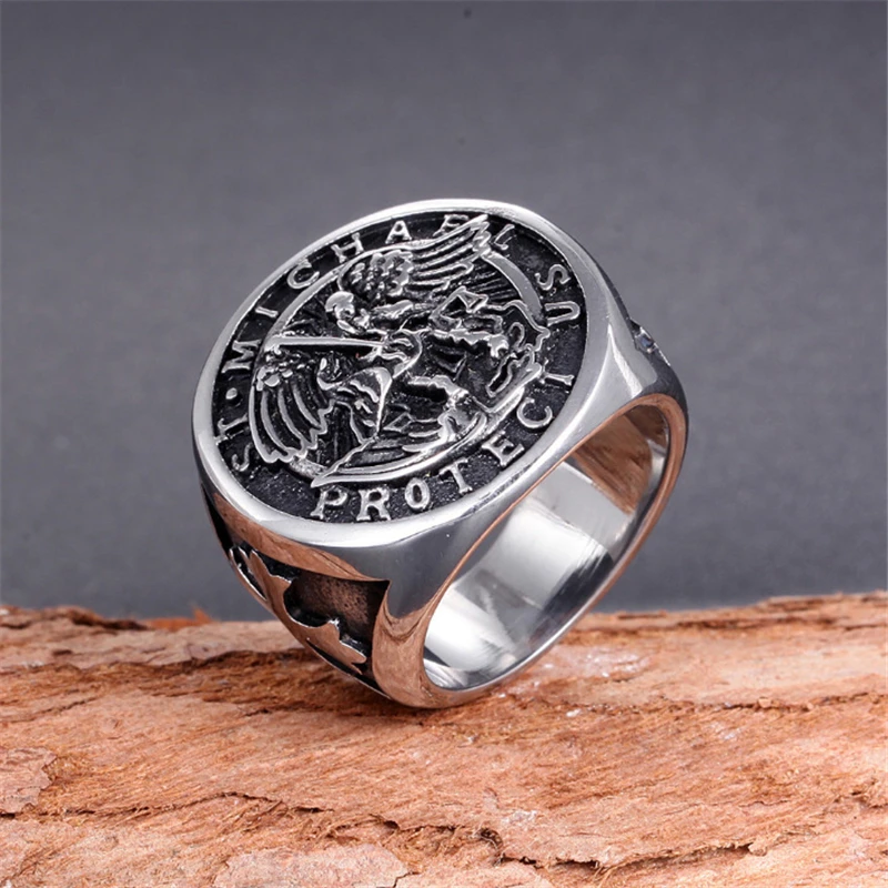 

Rings For Men Archangel Biker Ring Knight Templar Guardian Angel Cross Casual Party Finger Ring Silver Color Jewelry Punk Gifts