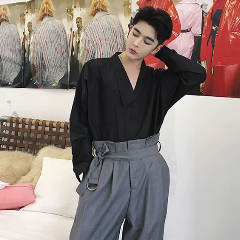 Рубашка мужская с V образным вырезом Модный повседневный Свободный пуловер