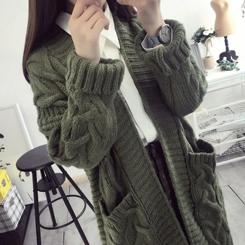 Green Женский кардиган на весну, зиму и осень, модный однотонный кардиган с v-образным вырезом в Корейском стиле, плотный длинный Повседневный Кардиган из мохера - Цвет: Green