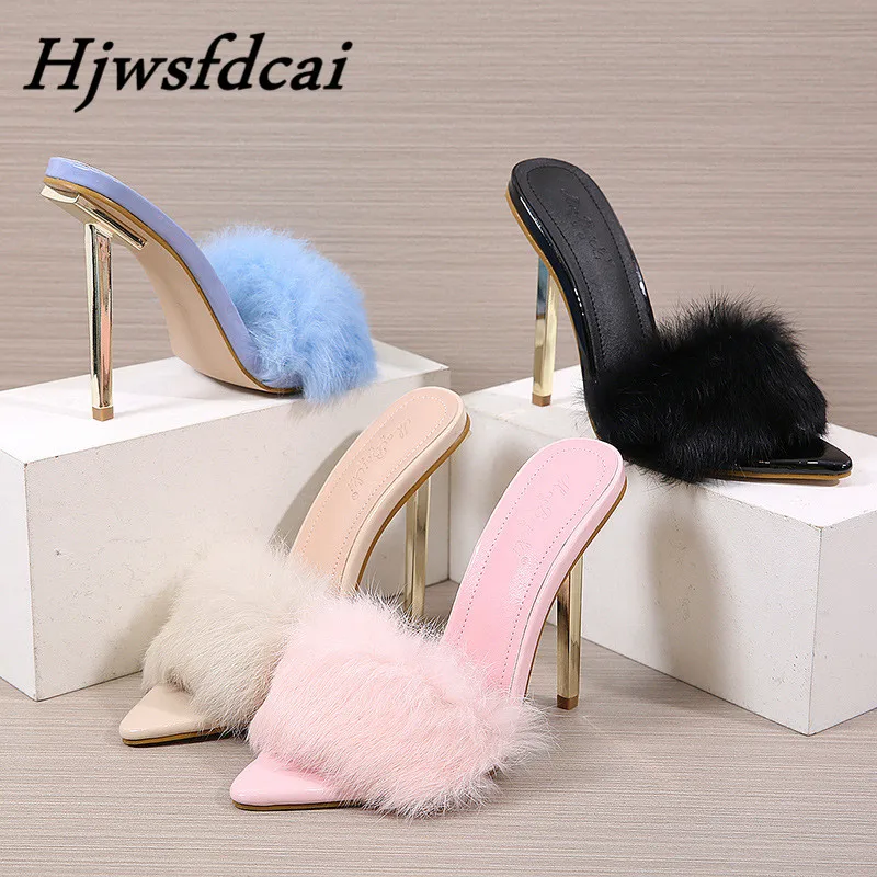 

Hjwsfdcai Ladies Peep Toe Mules Artificial Fur Female Thin High Slippers Summer Fashion Party Shoes Women Sandals Big Size 35-42
