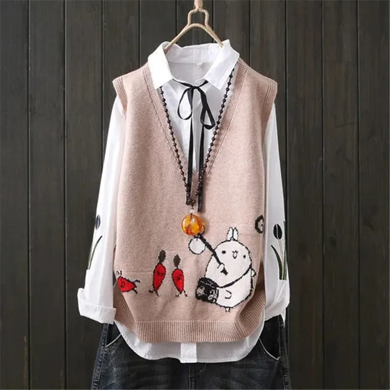 

Женский свитер, жилет на весну и осень, новый мультяшный пуловер без рукавов с V-образным вырезом, модный простой базовый топ, женская одежда ...