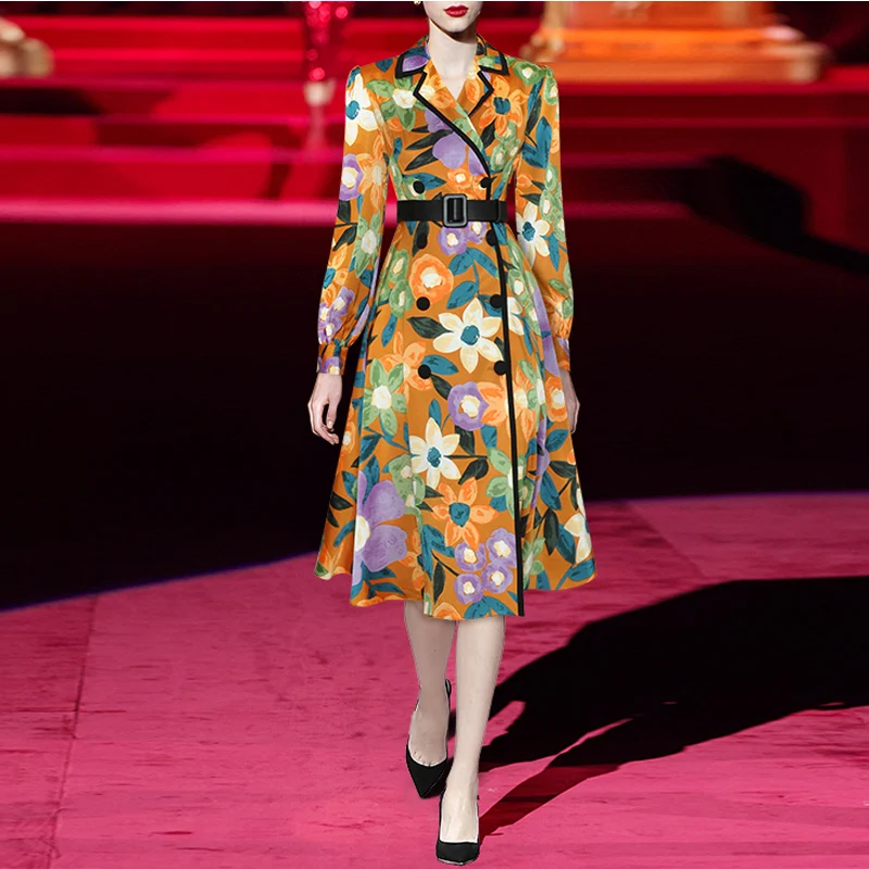 

Fashion Runway 2021 Autumn trench Dress Women New Design Flowers Printed Double Breasted Elegant Midi Dresses