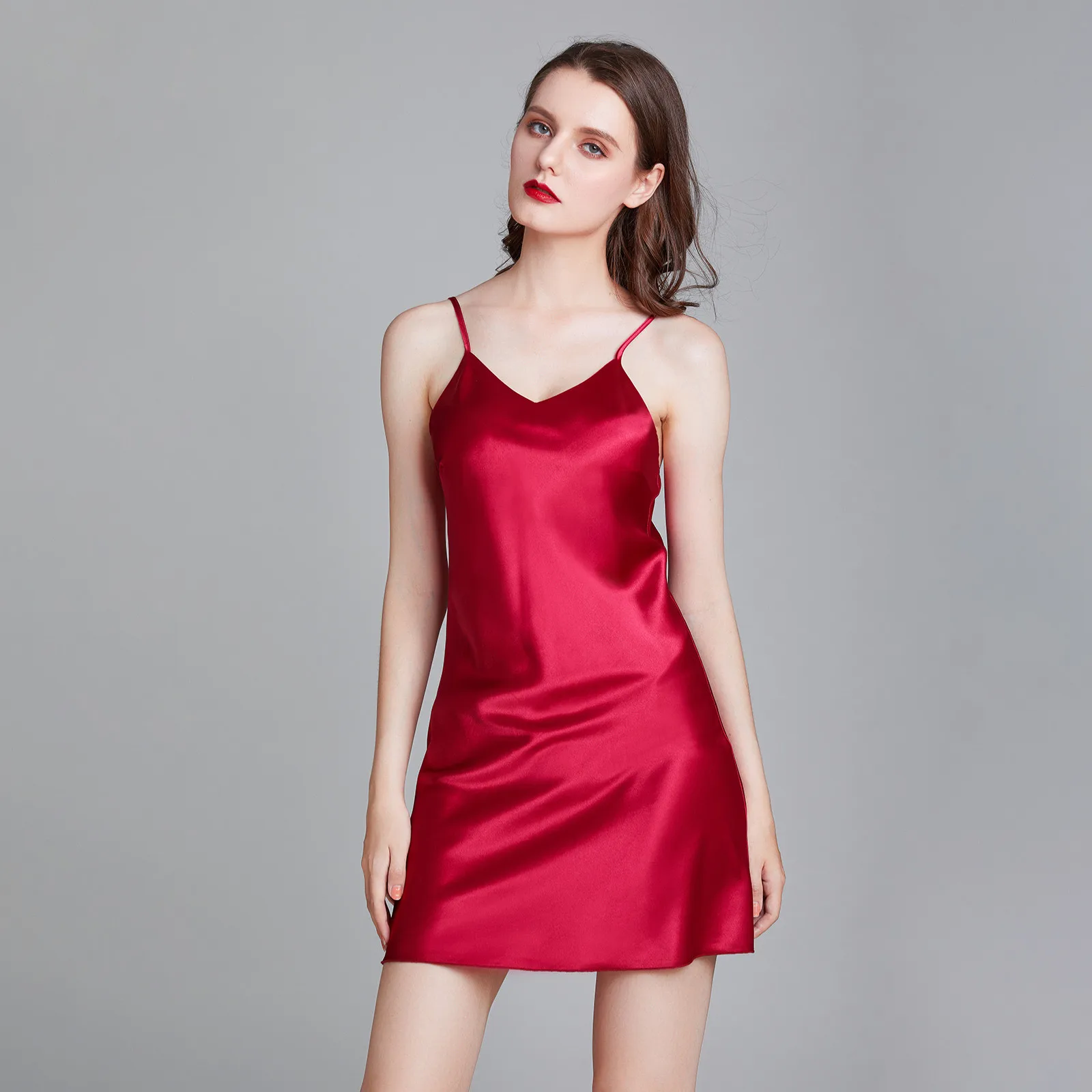 

Woman Sexy V-neck Sleepwear Sling Silk Nightdress Nightgown Bathrobe Home Wear Sleeveless Tank+Top Pajamas Sets