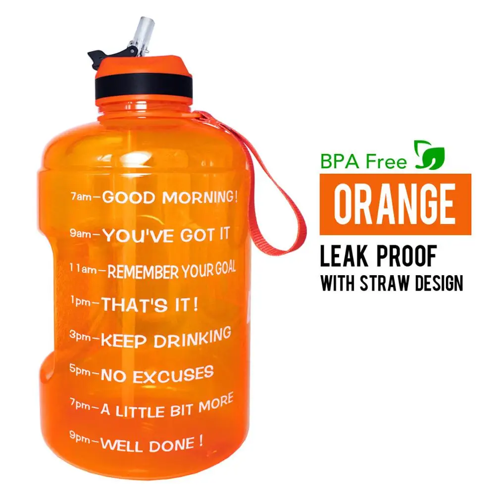 Orange BuildLife 1 галлон бутылка для воды с соломенным маркером времени 3.78л 128 унций BPA бесплатно пластиковая большая емкость фитнес спорт воды кувшин - Цвет: Orange