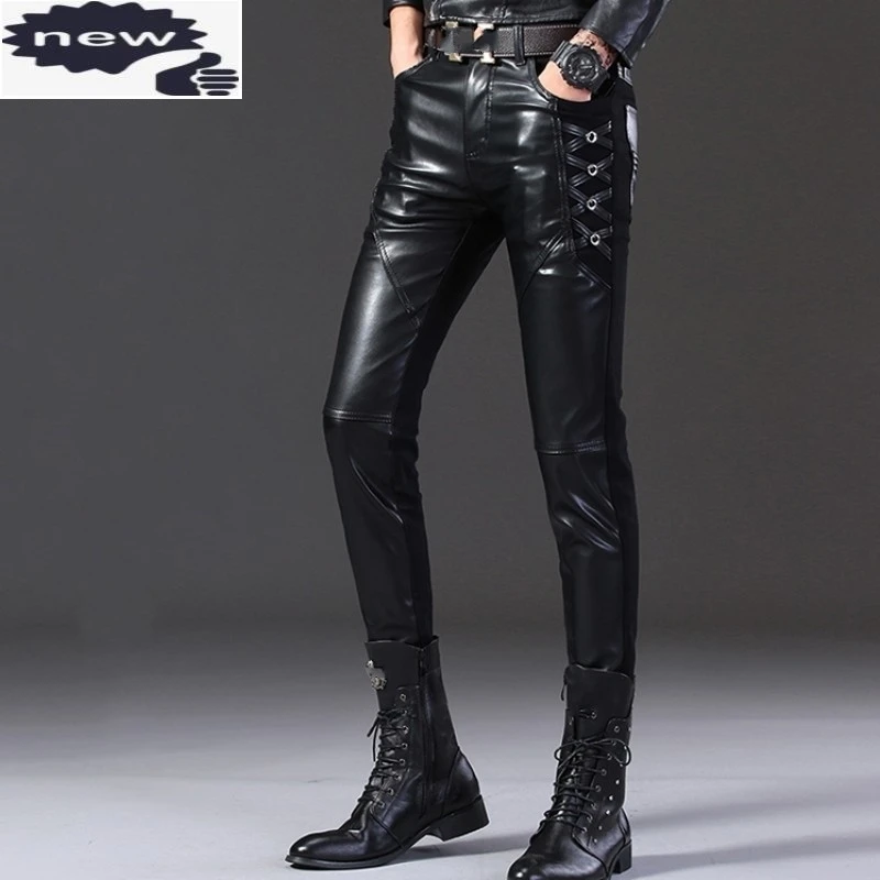 

Брюки-Карандаш мужские из экокожи, модные облегающие брюки в готическом стиле, байкерские брюки в стиле панк, с перекрестными вставками, для ночного клуба
